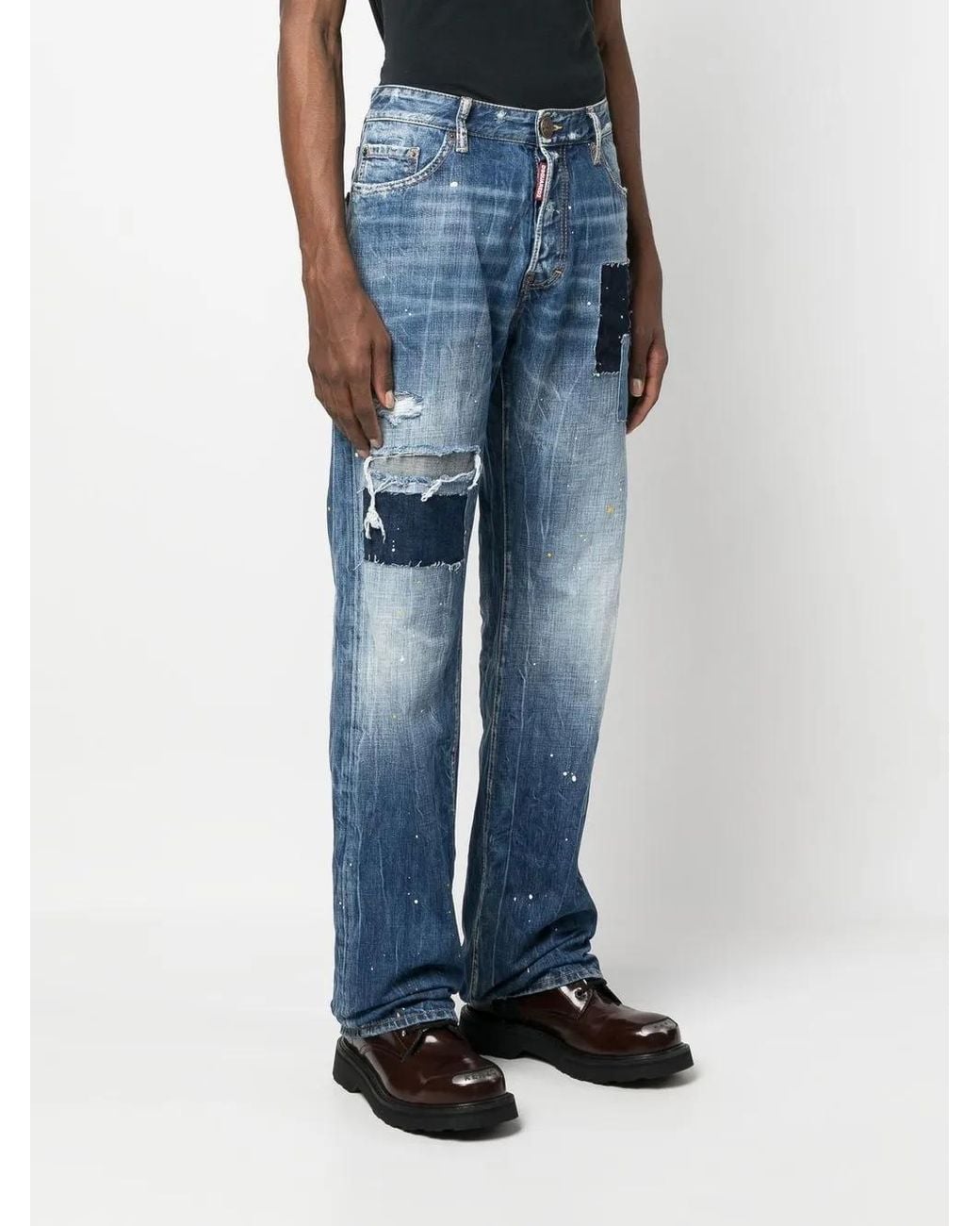 DSquared² Blue Distressed-Effect Patchwork Jeans for men