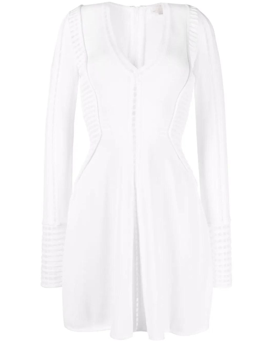 Genny White Perforated-Detailing V-Neck Dress