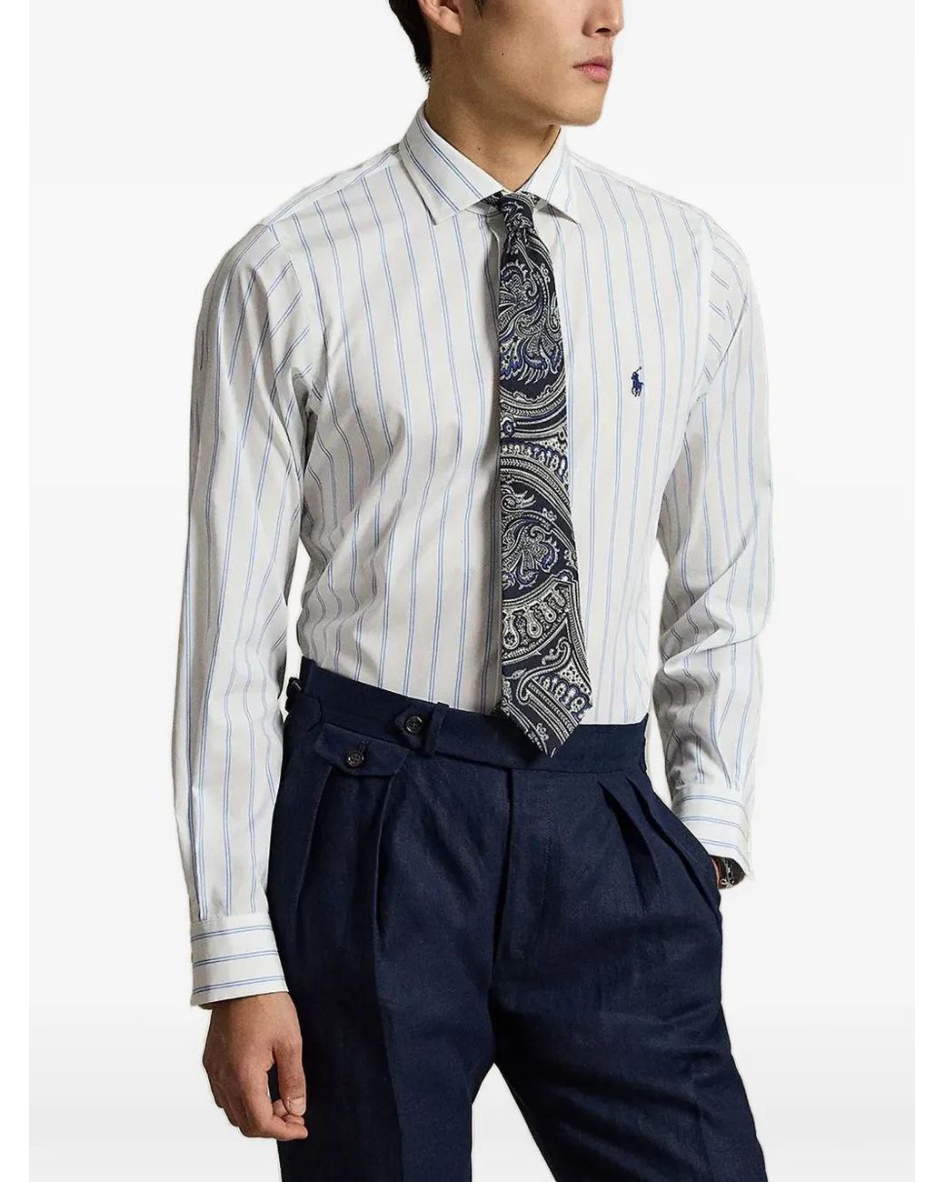 Polo Ralph Lauren Blue Striped-Print Embroidered-Logo Shirt for men