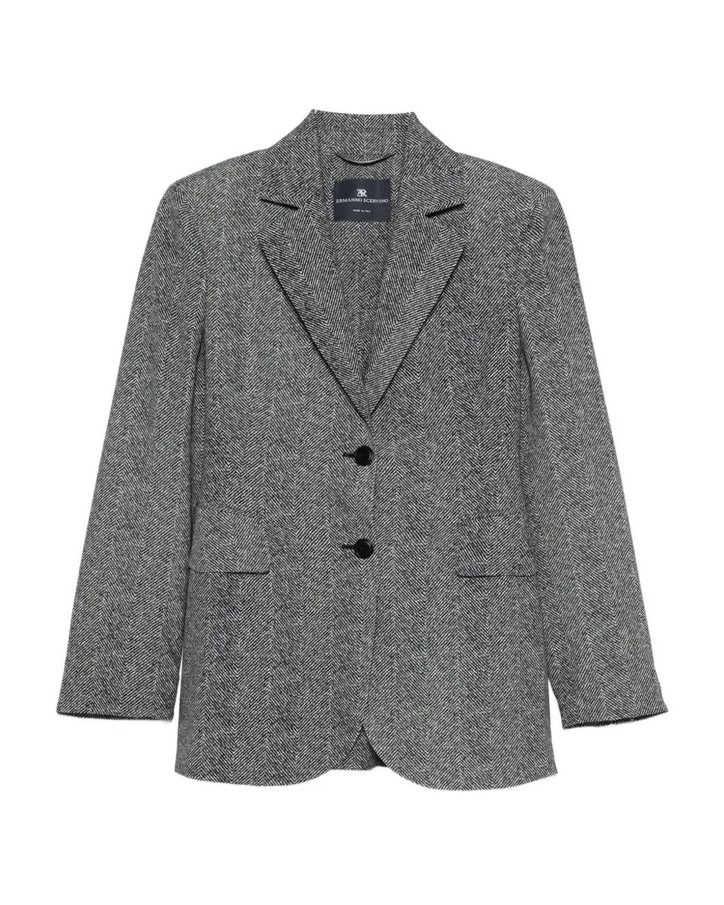 Ermanno Scervino Gray Tailored Single-Breasted Blazer With Herringbone Pattern