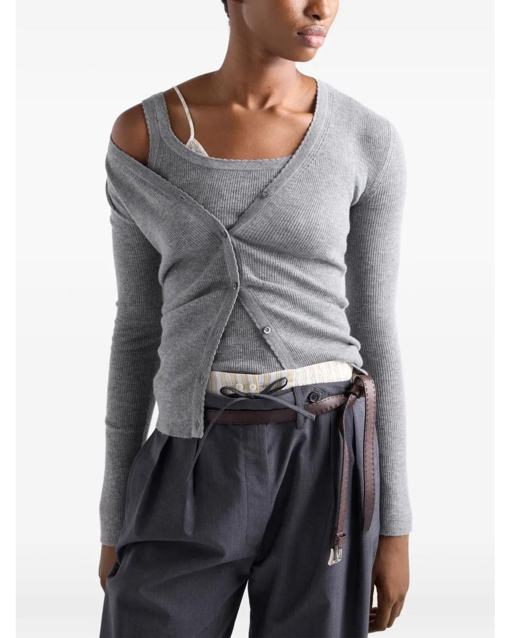 Prada Gray Ribbed Cashmere Cardigan
