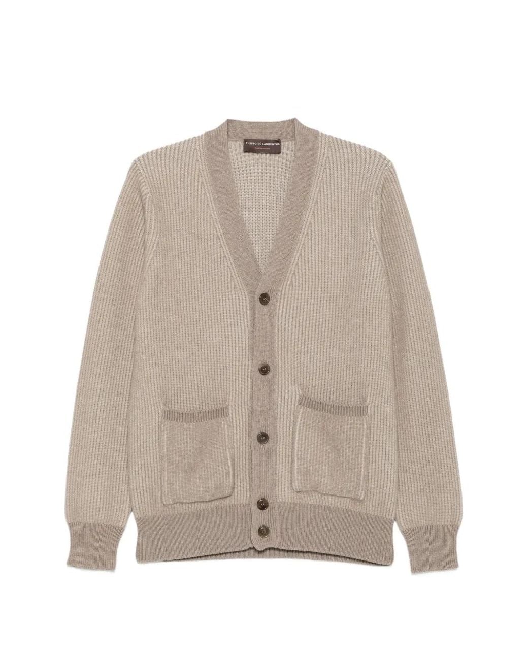 FILIPPO DE LAURENTIIS Natural Cardigan En Maille Nervurée À Col V for men