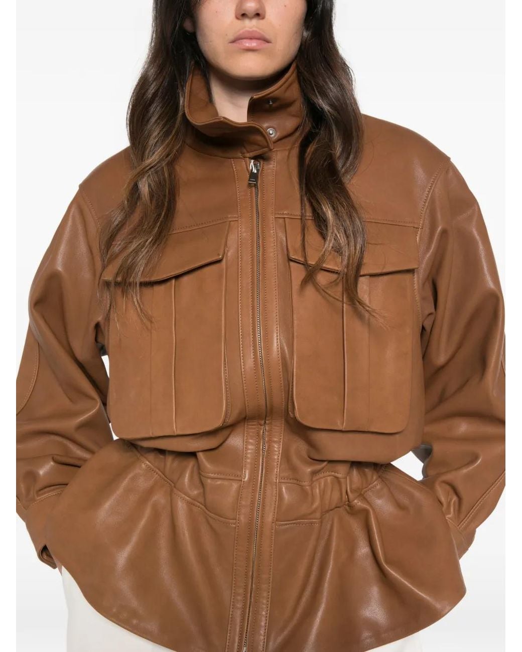 DUCIE Brown Hope High-Neck Leather Jacket