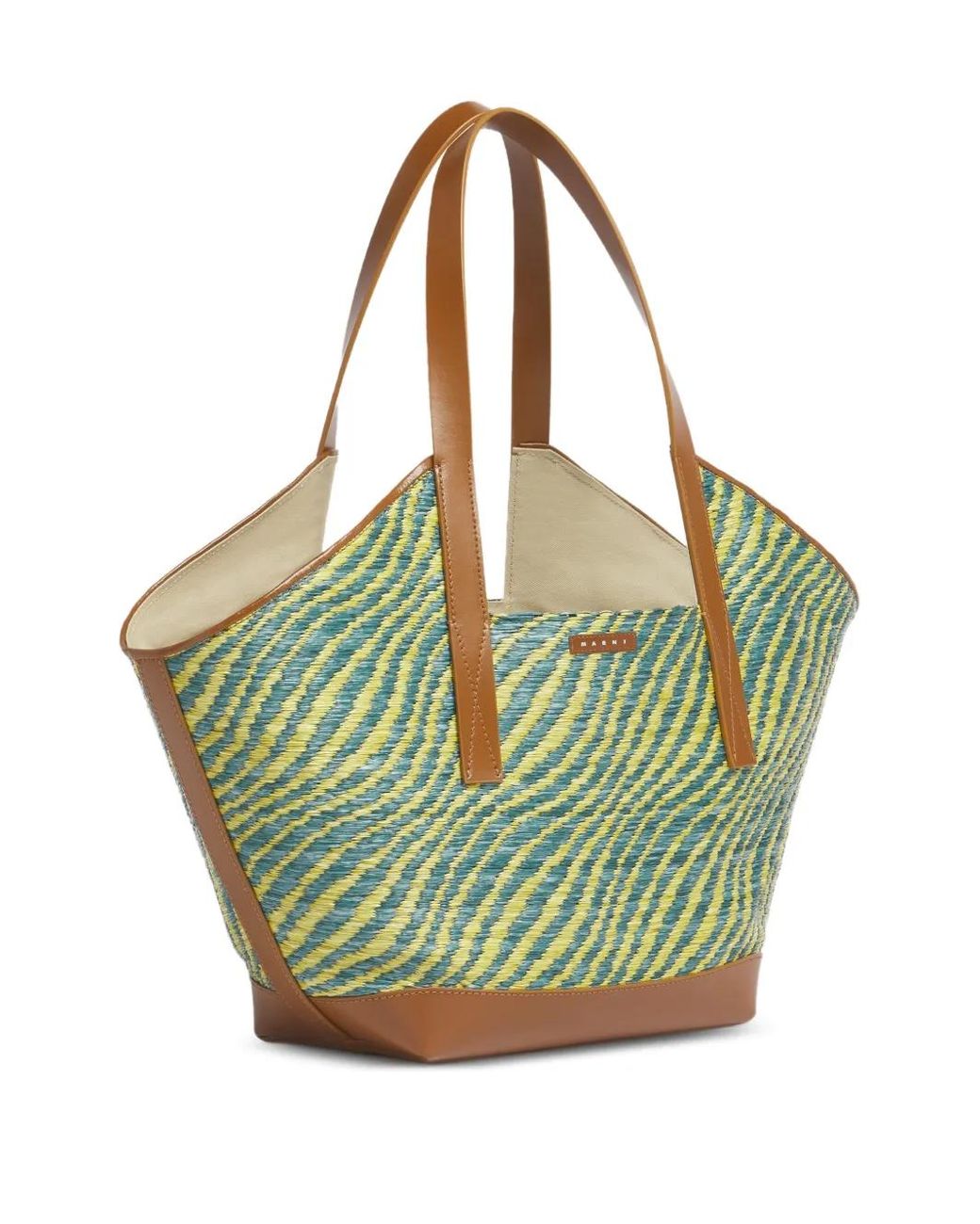 Marni Green Two-Tone Raffia-Effect Tote Bag