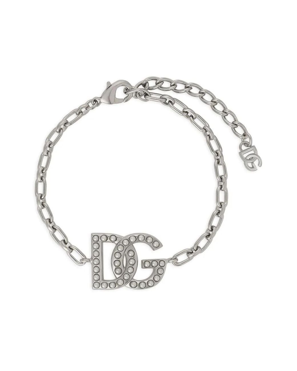 Dolce & Gabbana Metallic Brass & Imitation Pearl Logo Chain Bracelet