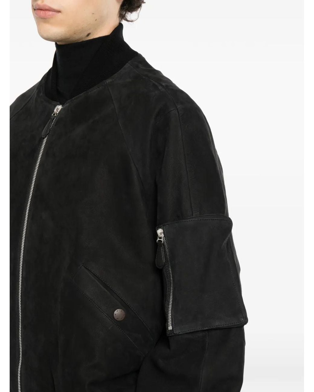 DEVOA Black Calf Leather Bomber Jacket for men