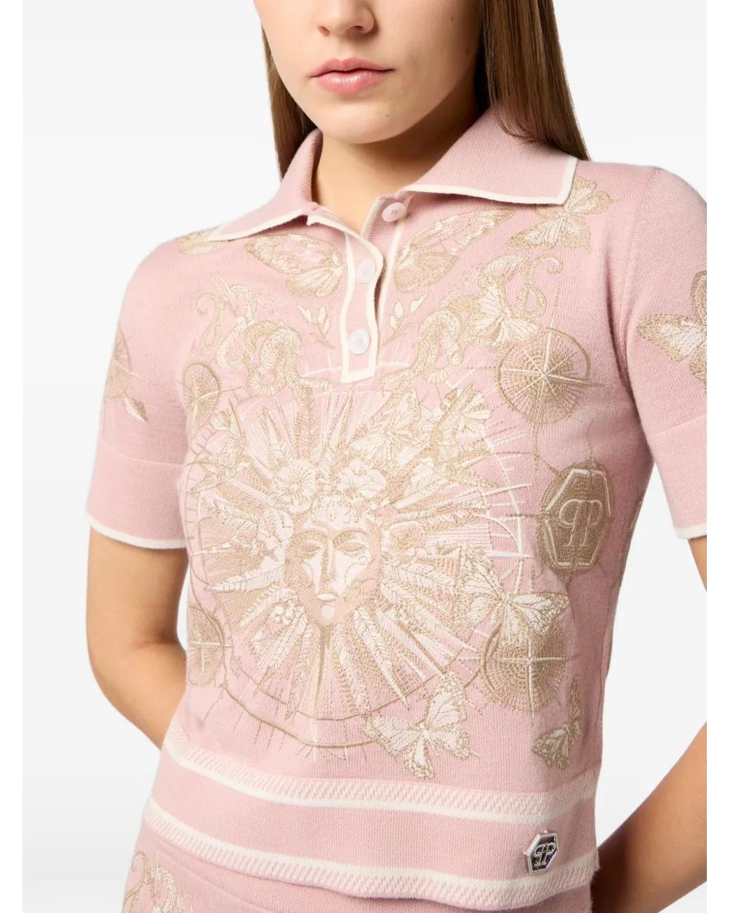 Philipp Plein Pink Embroidery Butterfly Tattoo Polo Shirt