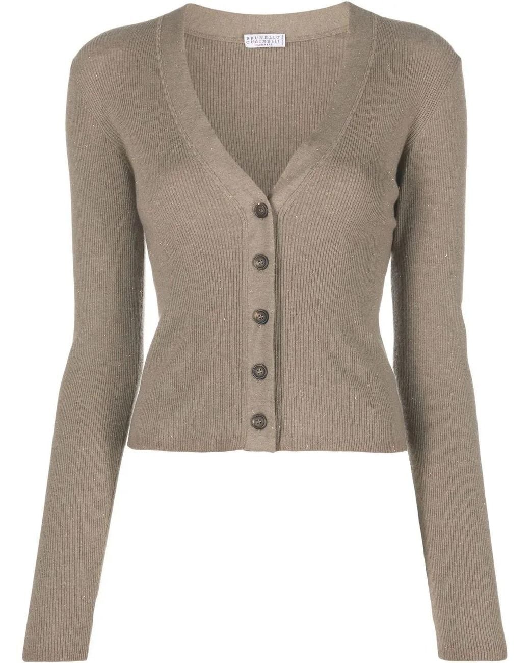Brunello Cucinelli Brown Ribbed-Knit V-Neck Cardigan