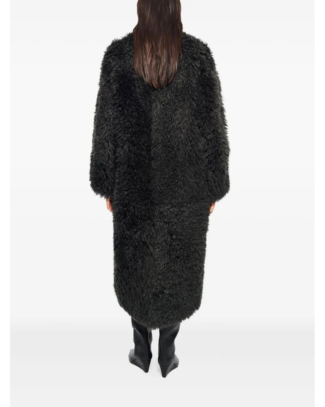 Stand Studio Black Long Straight Faux Fur Jacket With Hidden Hook Closure, Side Pockets