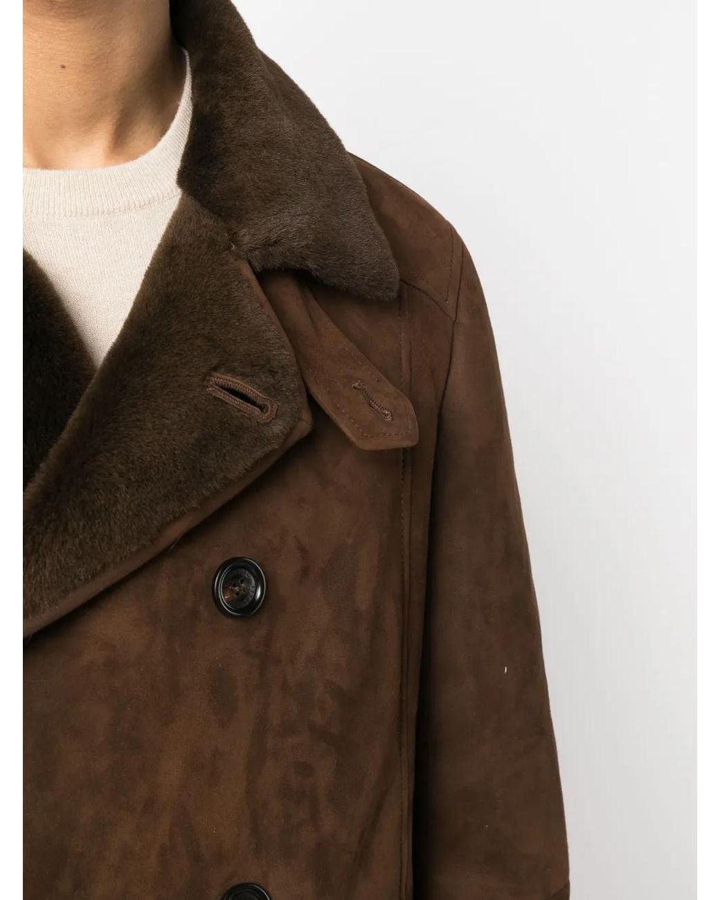 Brunello Cucinelli Brown Double-Breasted Lambskin Coat for men