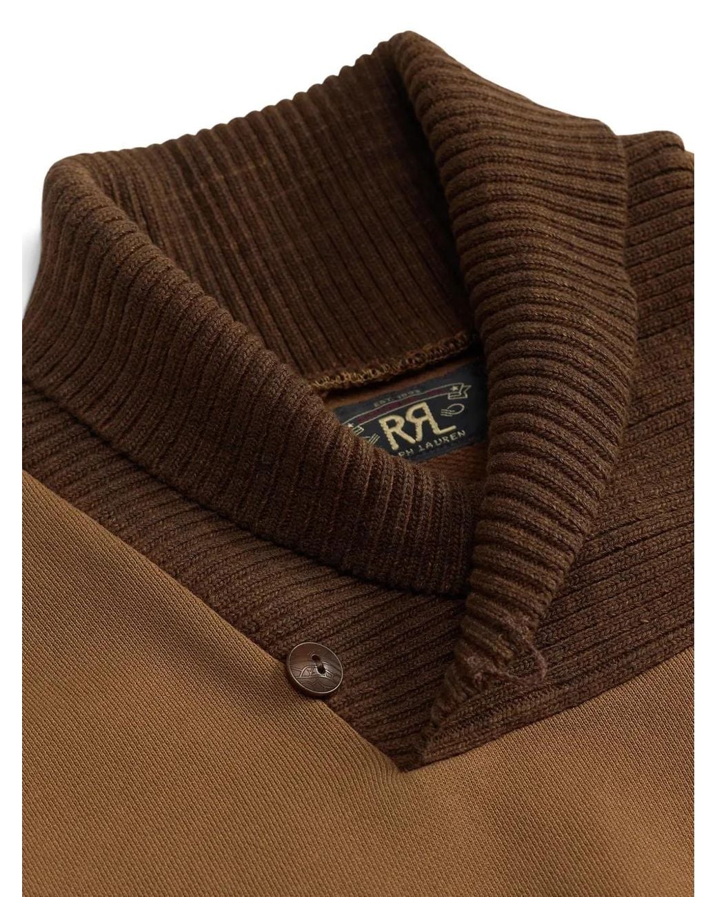 RRL Brown Button Ribbed-Collar Sweatshirt for men