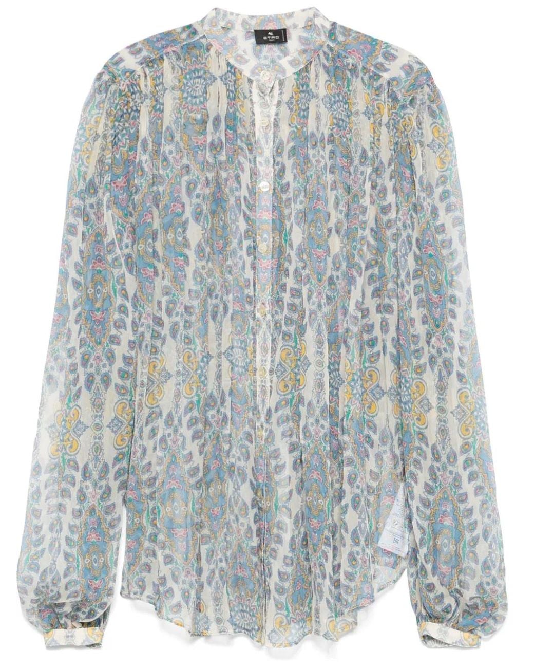 Etro Blue Natural Silk Blouse Est Amebas Mao Neck