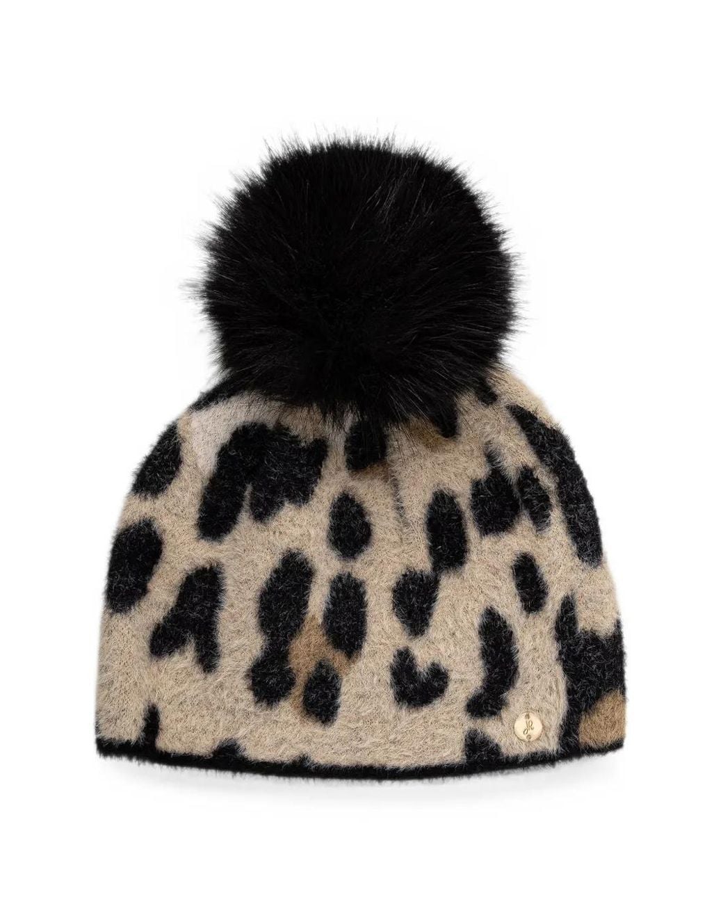Joseph Ribkoff Black Leopard-Print Pompom Beanie Hat