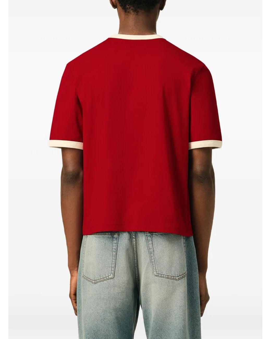 AMI Red Cropped T-Shirt With Body And Off- Ribbed Trims for men