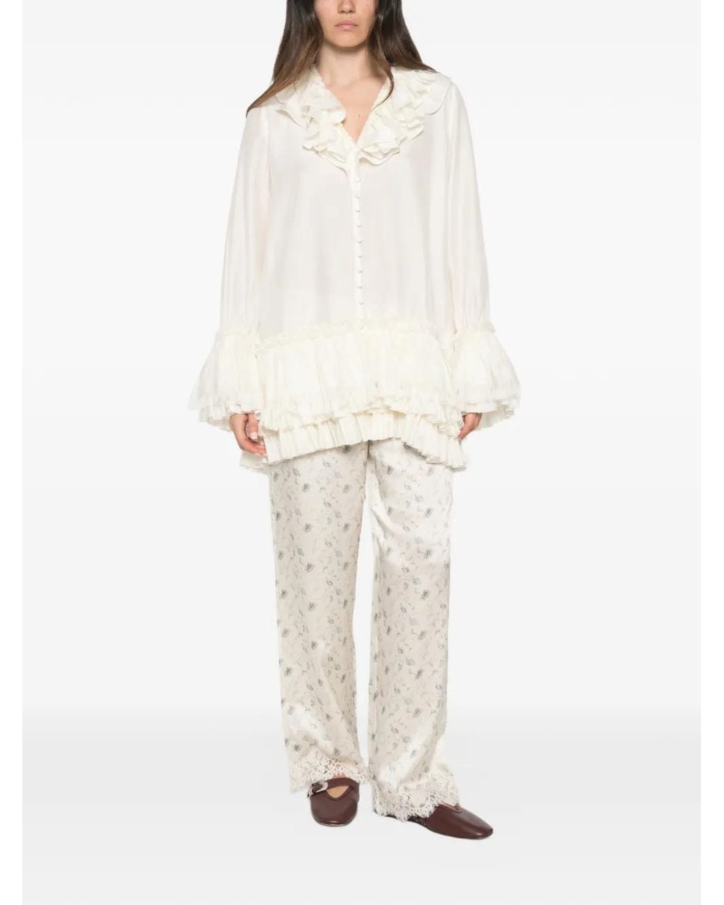 Ganni White Ruffled Tiered Blouse