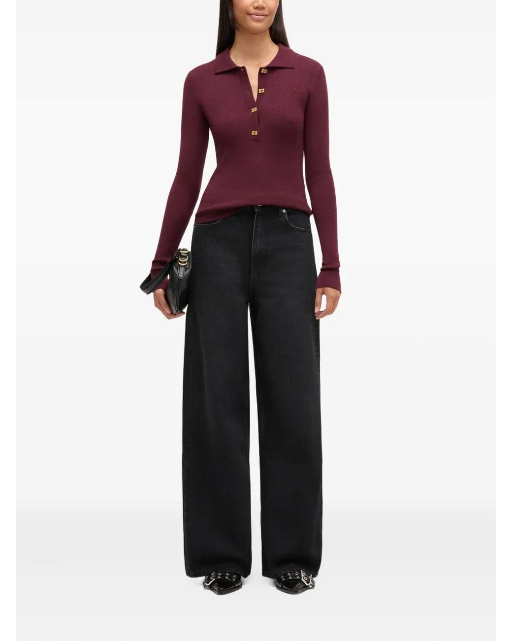 Ganni Purple Buttoned Collared Knitwear