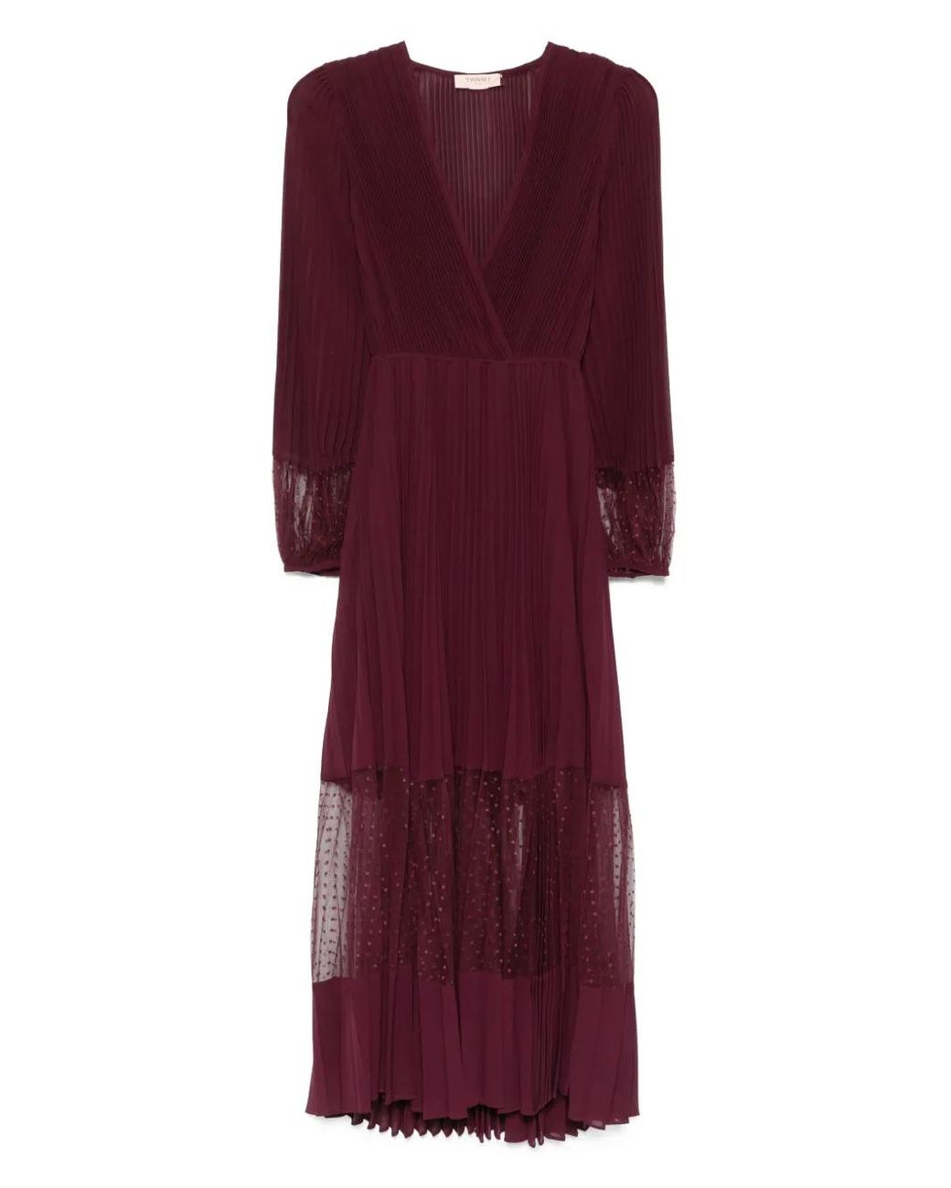 Twinset Purple Pleated Spotted-Panel Midi Dress