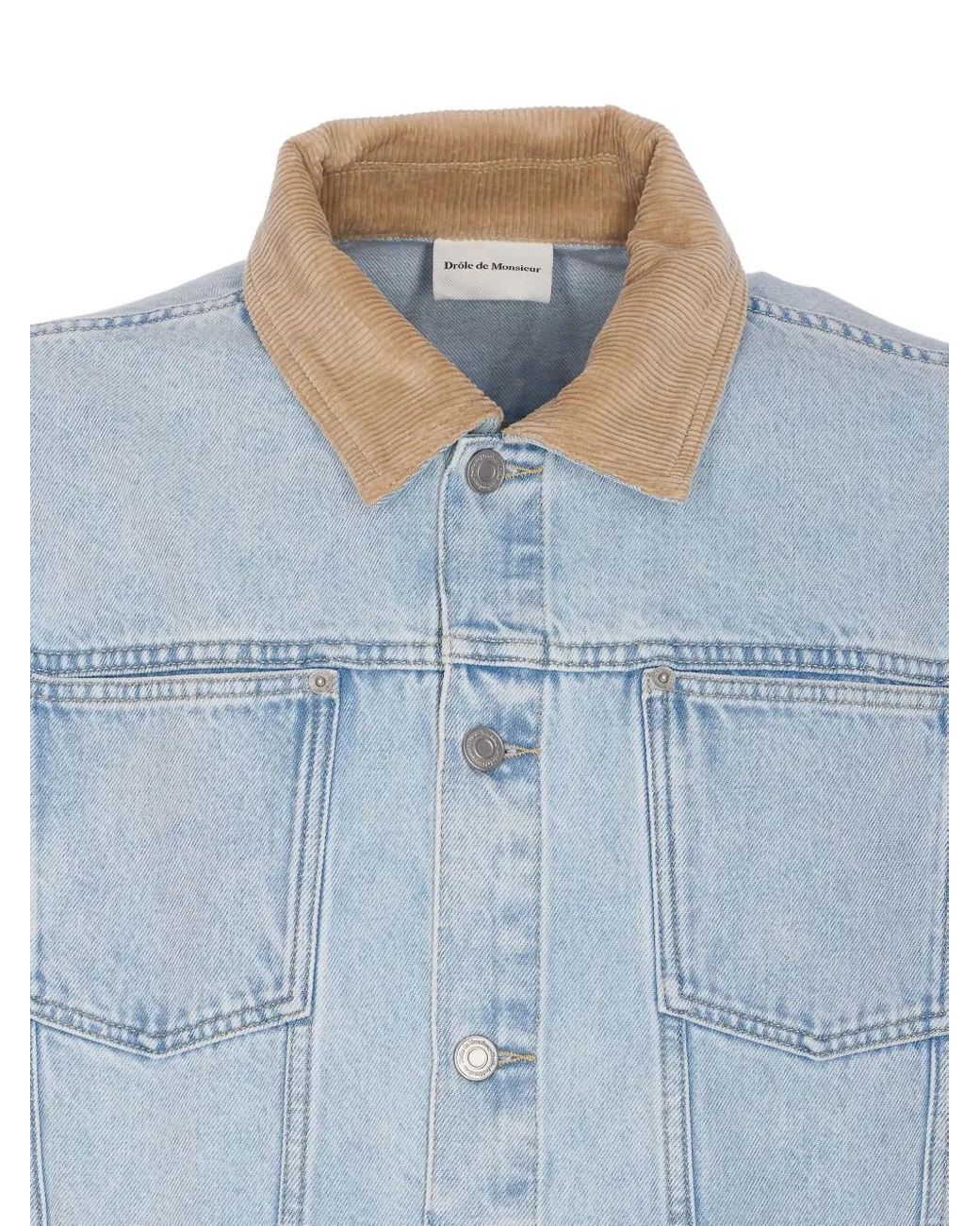 Drole de Monsieur Blue Corduroy-Collar Denim Jacket for men