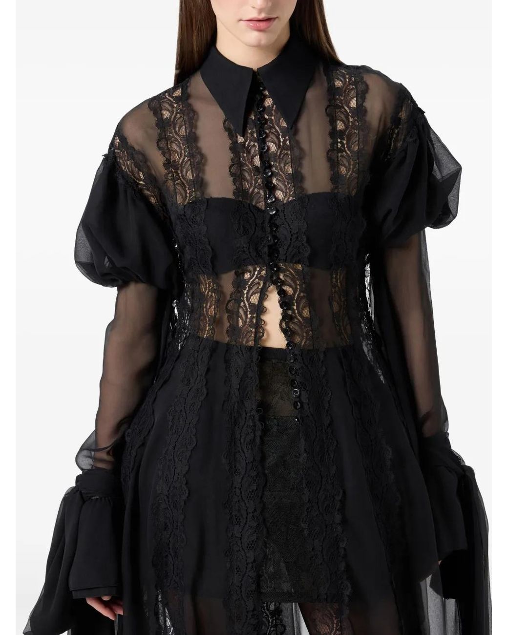 Blumarine Chiffon And Lace Shirt Dress in Black | Lyst