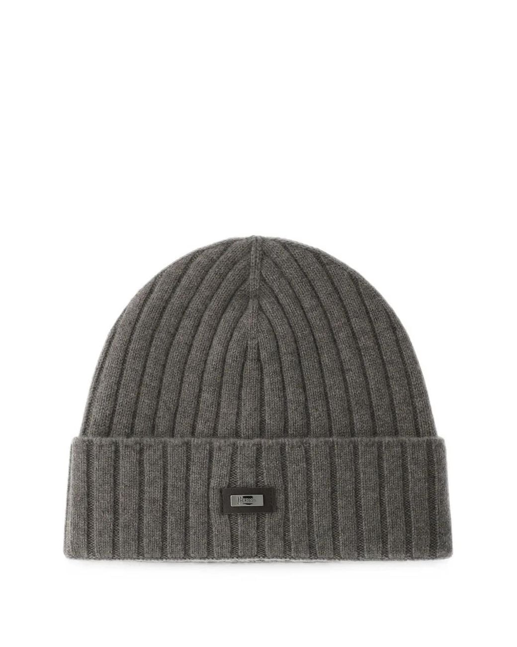 Herno Gray Ribbed Cashmere Beanie Hat for men