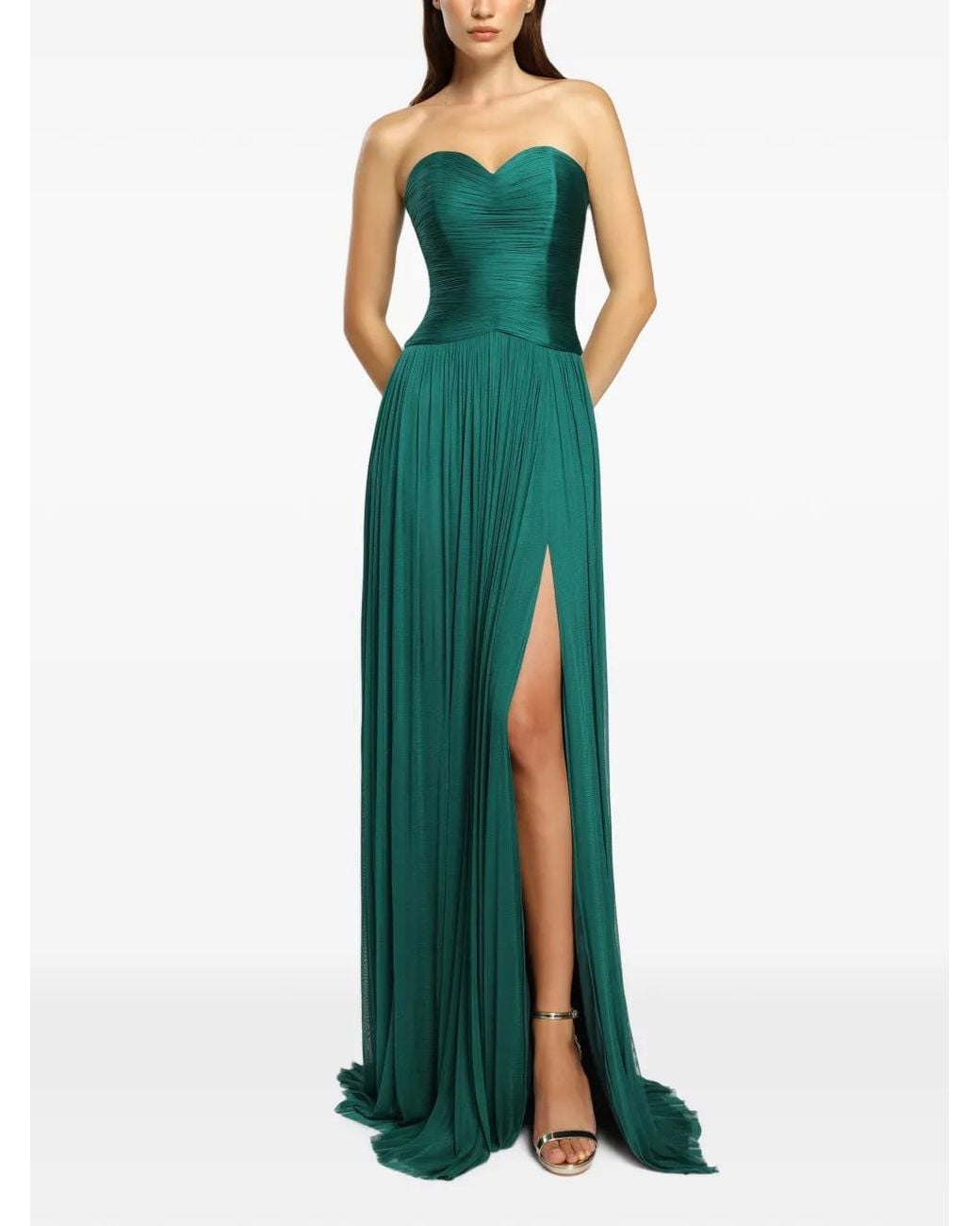 Cristallini Green Robe Longue Nova À Design Plissé En Soie