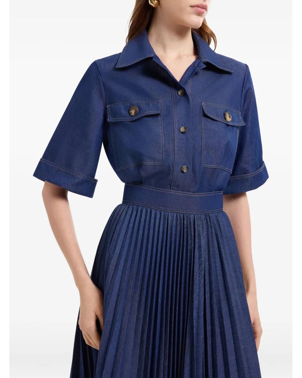 Elie Saab Blue Pleated Denim Midi Dress