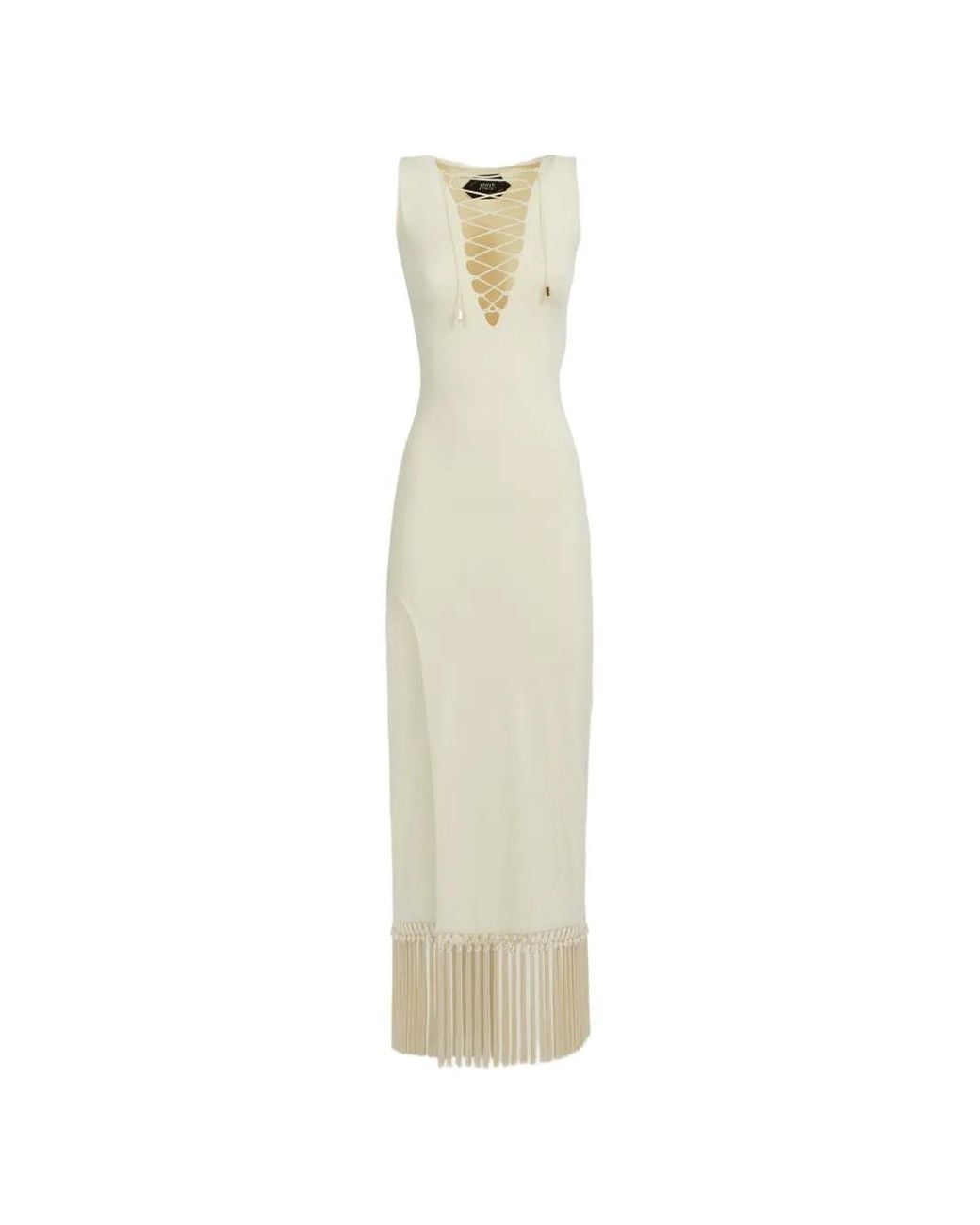 Taller Marmo White Sahara Lace-Up Fringe Midi Dress