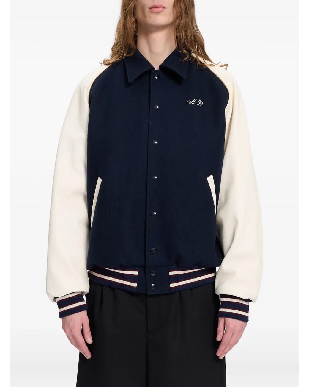 Ann Demeulemeester Blue Embroidered-Logo Panelled Bomber Jacket for men