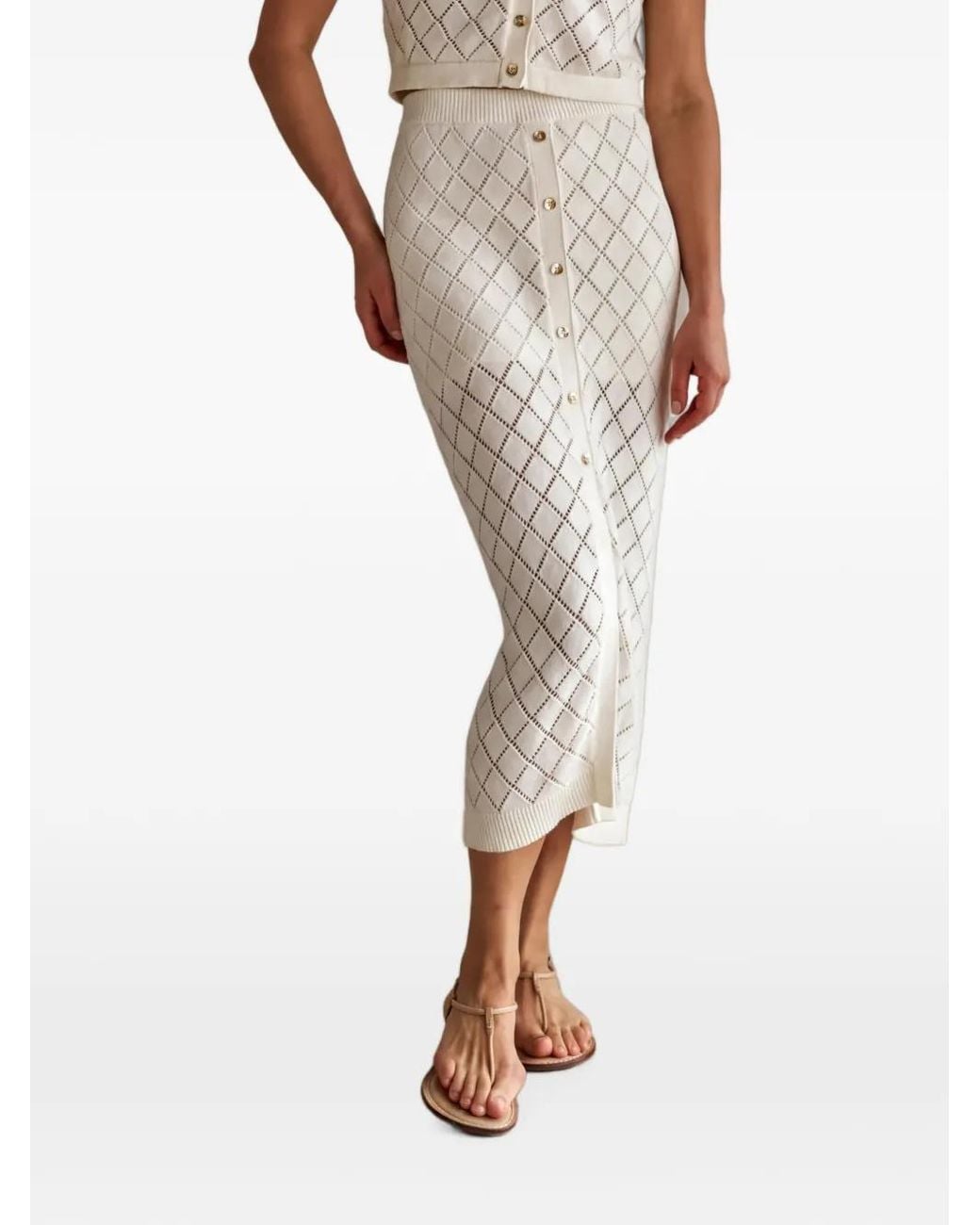 Hevron Natural Mia Diamond-Pattern Midi Skirt