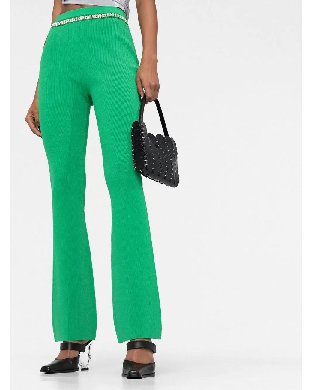 Rabanne Green Flared Ribbed Trousers With Rhinestones