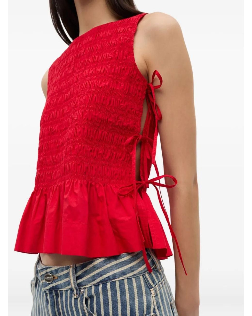 Ganni Red Smocked Tie-Fastening Top