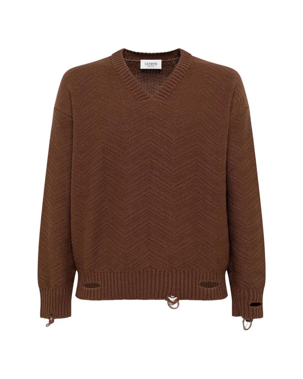 Laneus Brown Distressed V-Neck Jumper for men