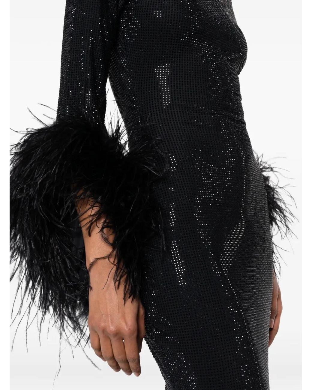 Miron Black Crystal-Embellished Feather-Trim Dress