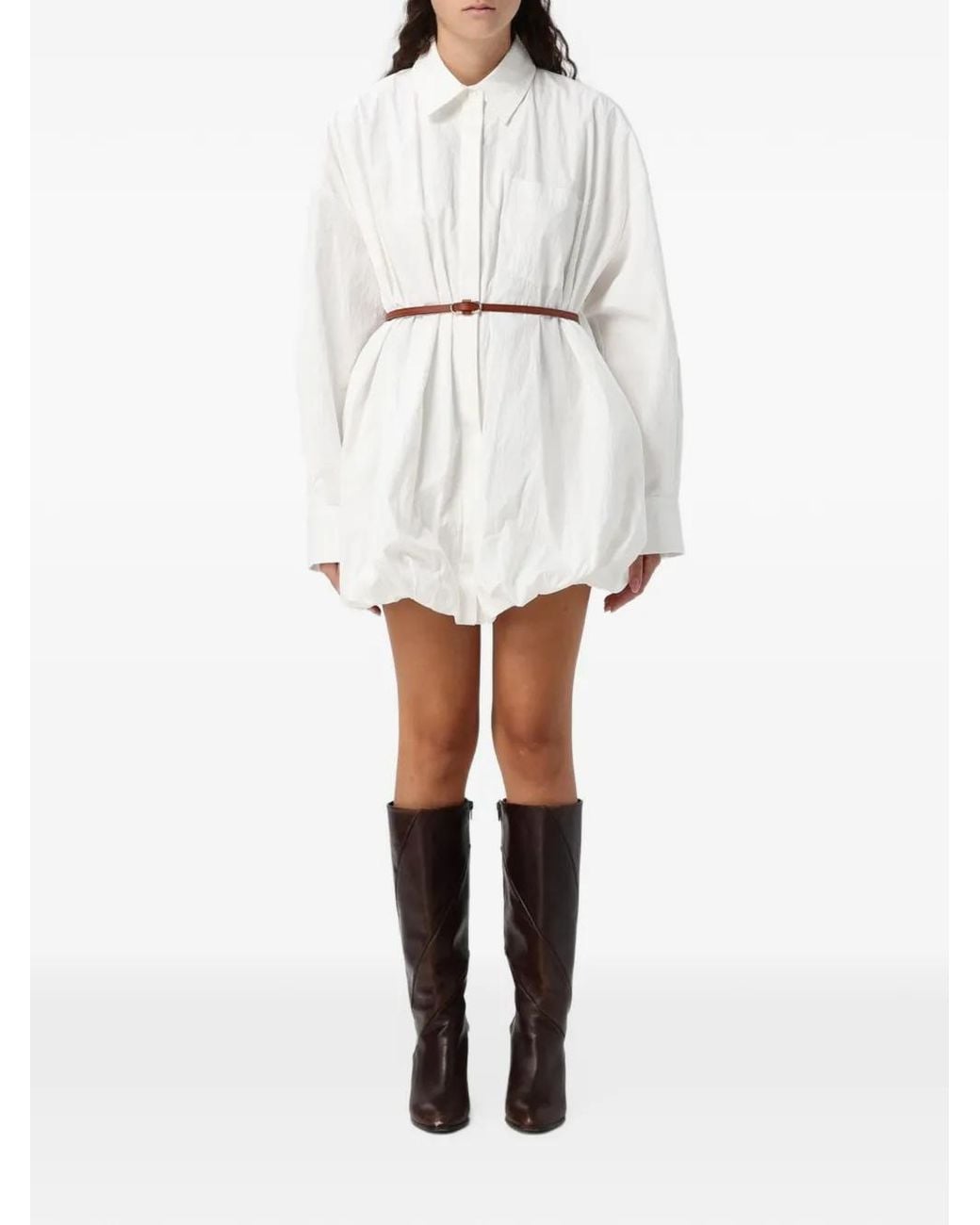 ELEH White Belted Balloon-Hem Mini Shirt Dress