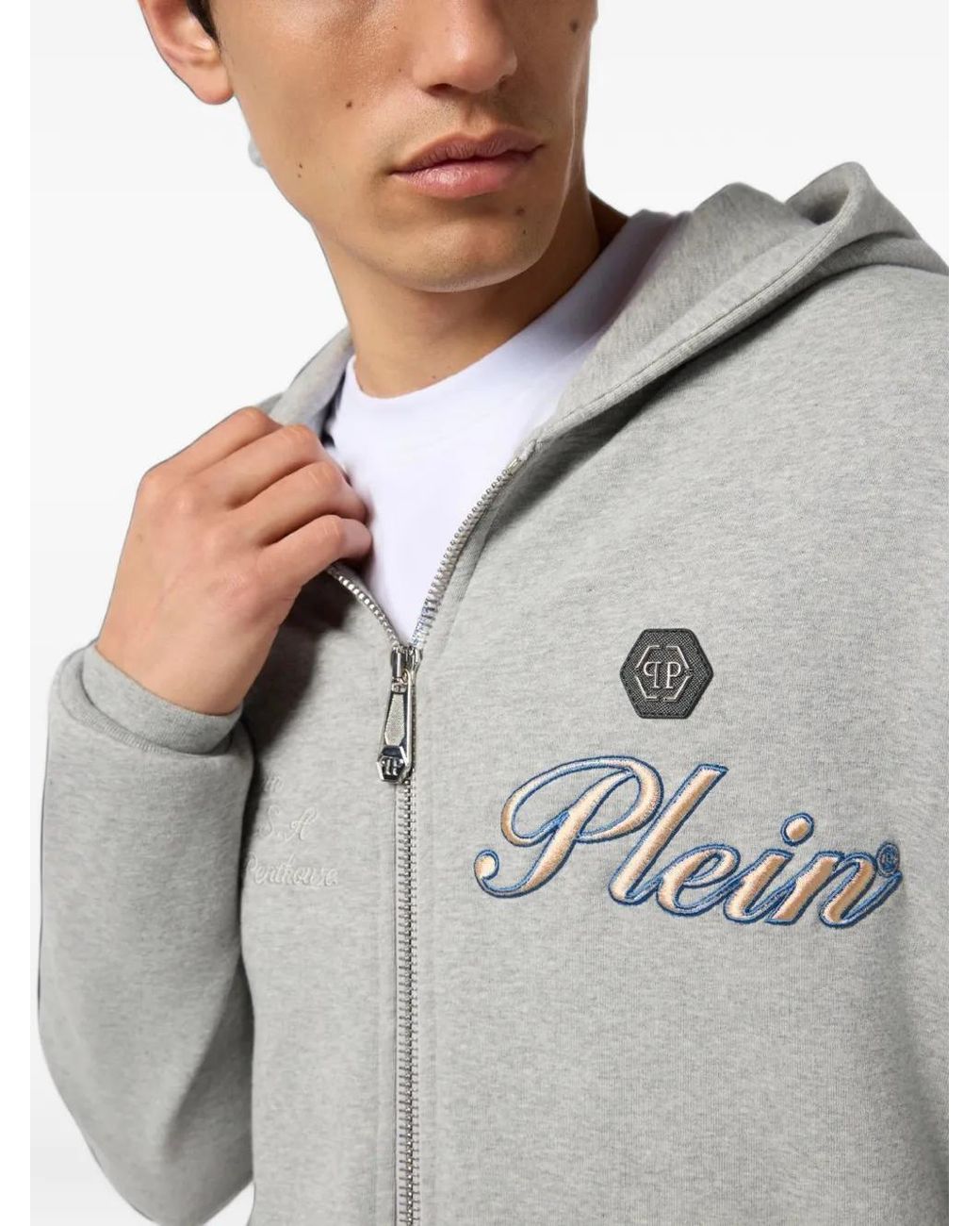 Philipp Plein Gray Logo-Embroidered Zip-Up Hoodie for men