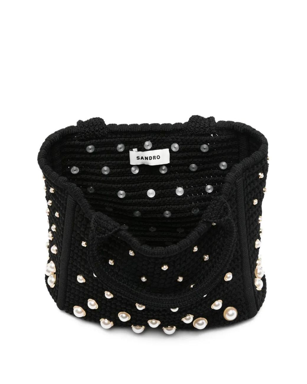 Sandro Black Pearl-Embellished Crochet Tote Bag