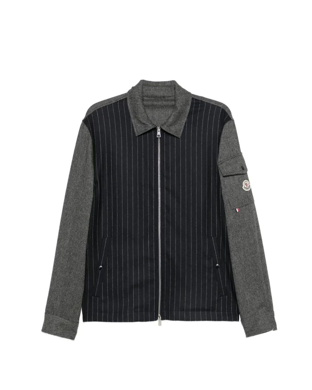 Moncler Black Herringbone Wool Blend Zip-Up Shirt for men