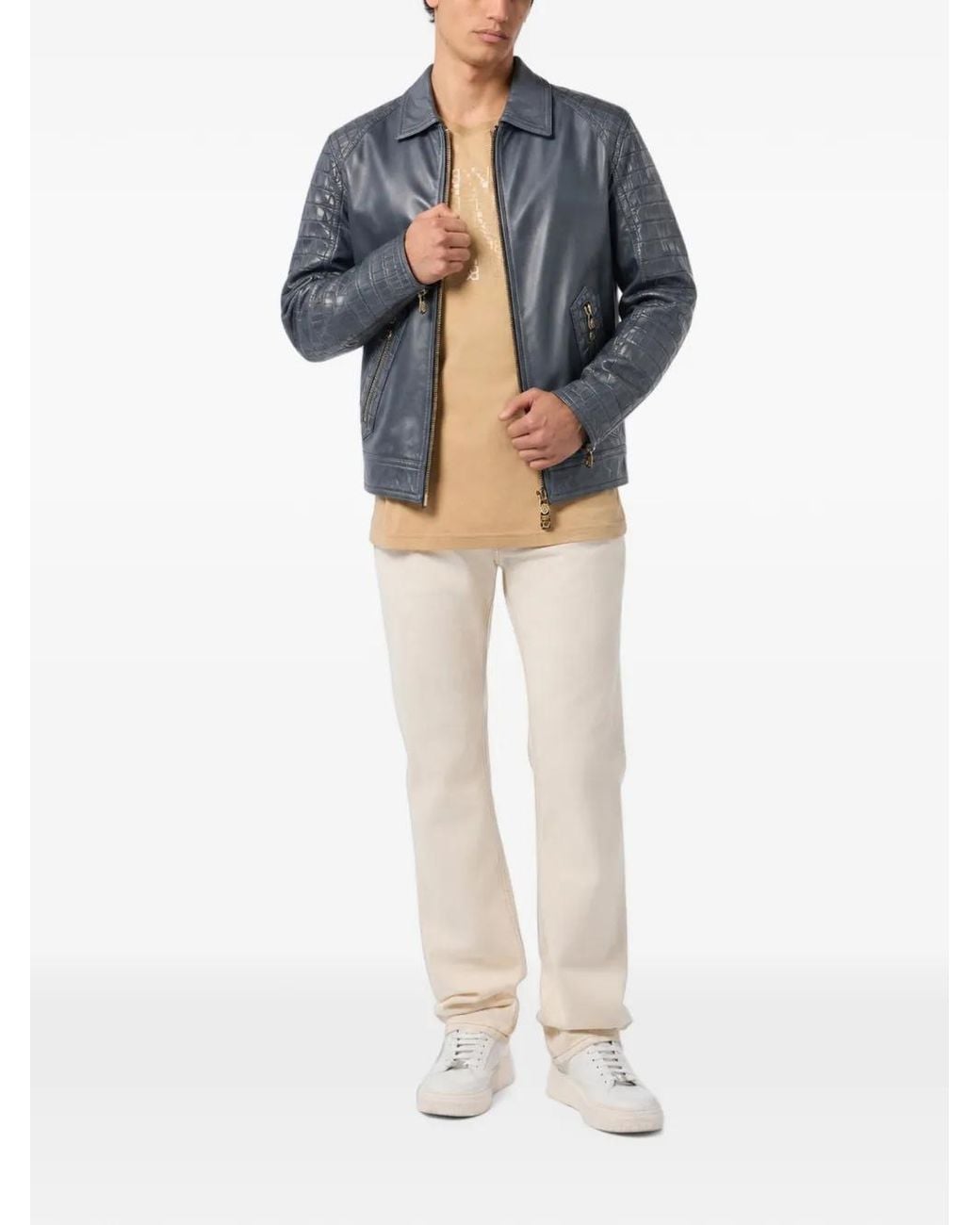 Billionaire Blue Crocodile-Effect Panelled Leather Jacket for men