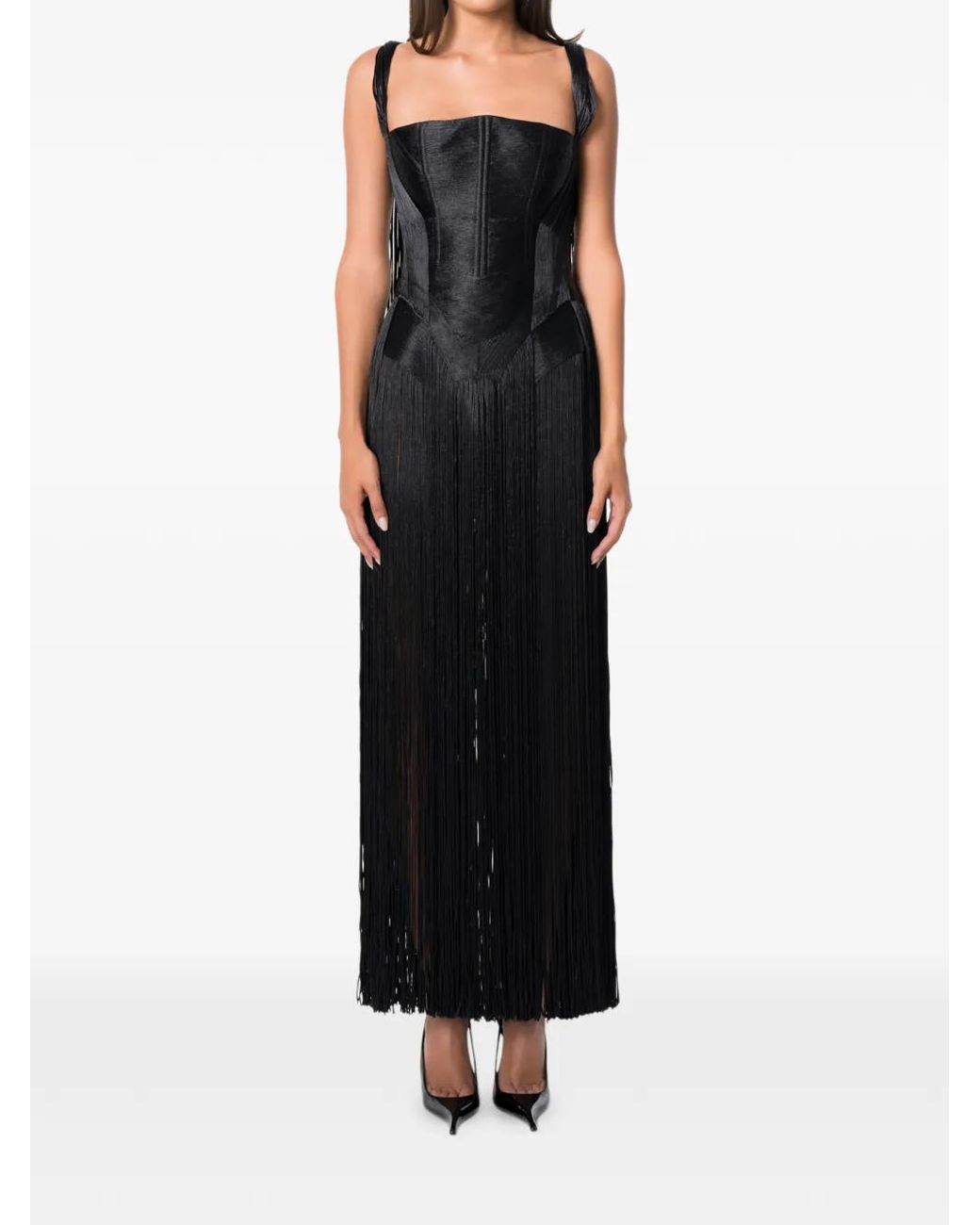 NORINA ST Black Swan Fringe-Trimmed Corset Maxi Dress