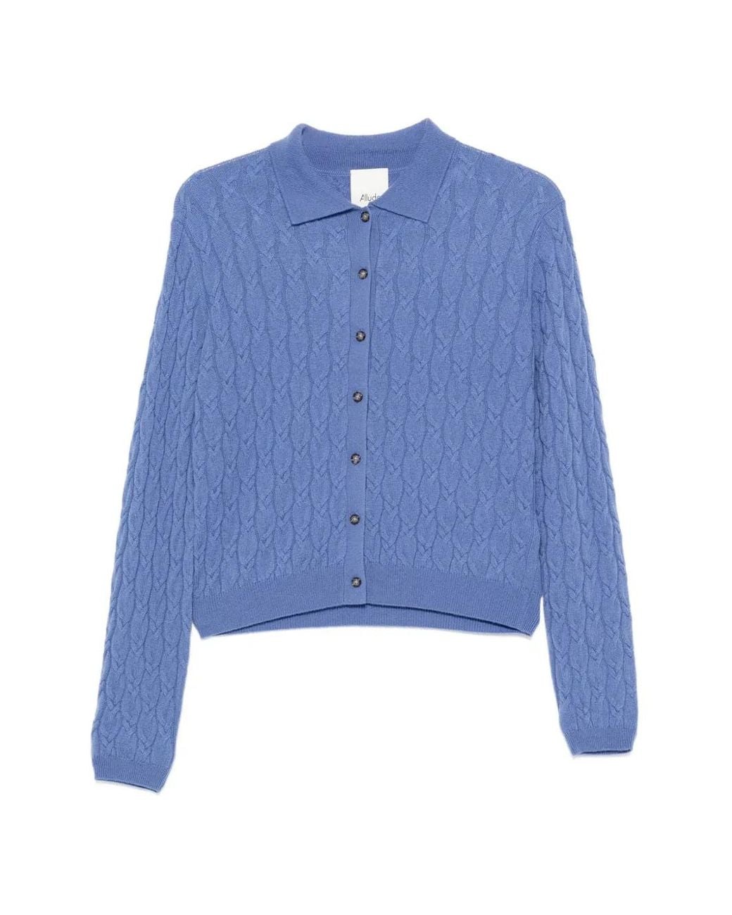 Allude Blue Cable-Knit Polo-Collar Cardigan