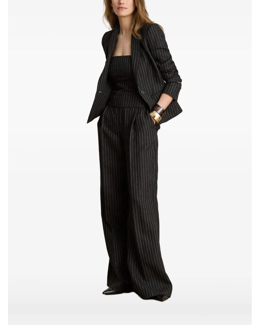 Ralph Lauren Black Chalk-Stripe Linen Strapless Top