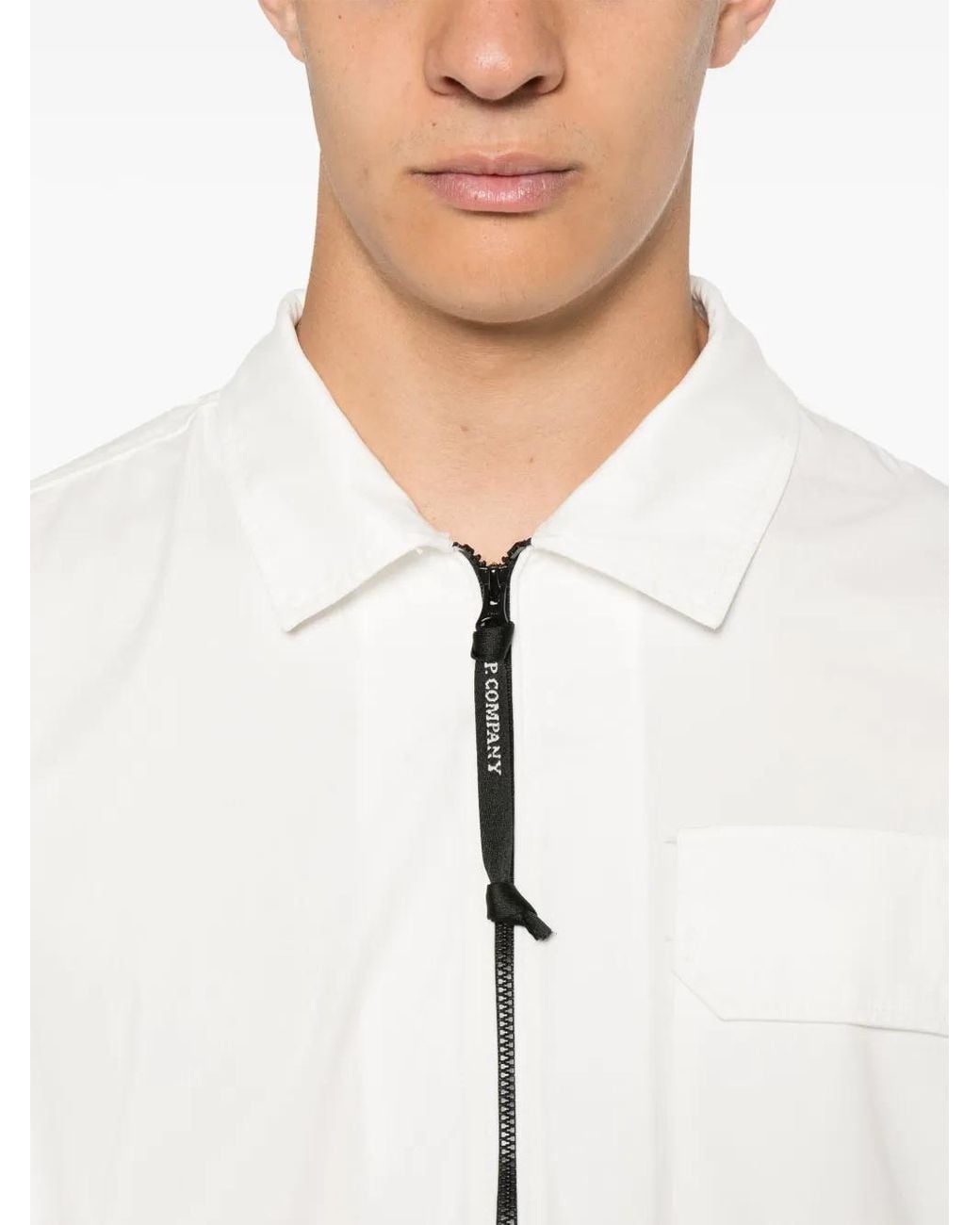 C P Company White Organic Gabardine Full Zip Overshirt For for men