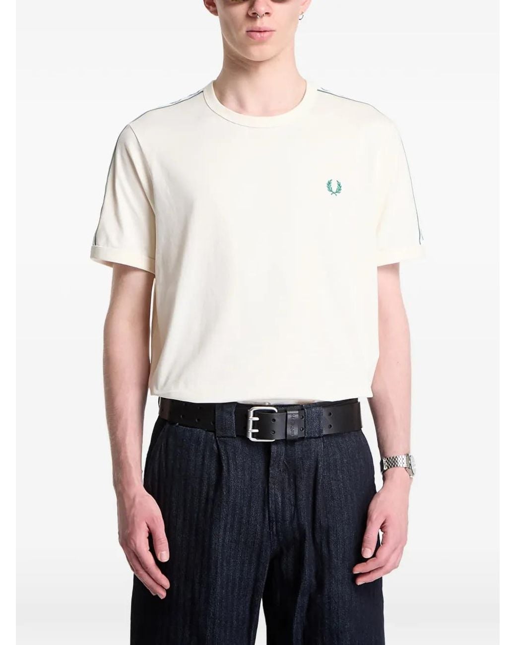 Fred Perry White Logo-Tape Ringer T-Shirt for men