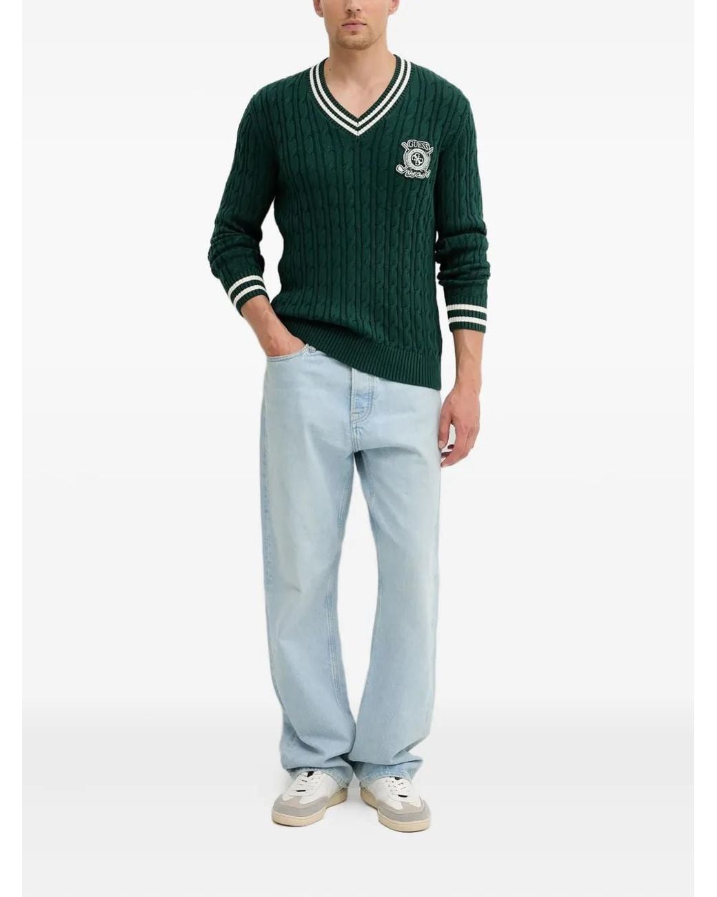Guess Green Cable-Knit V-Neck Sweater for men