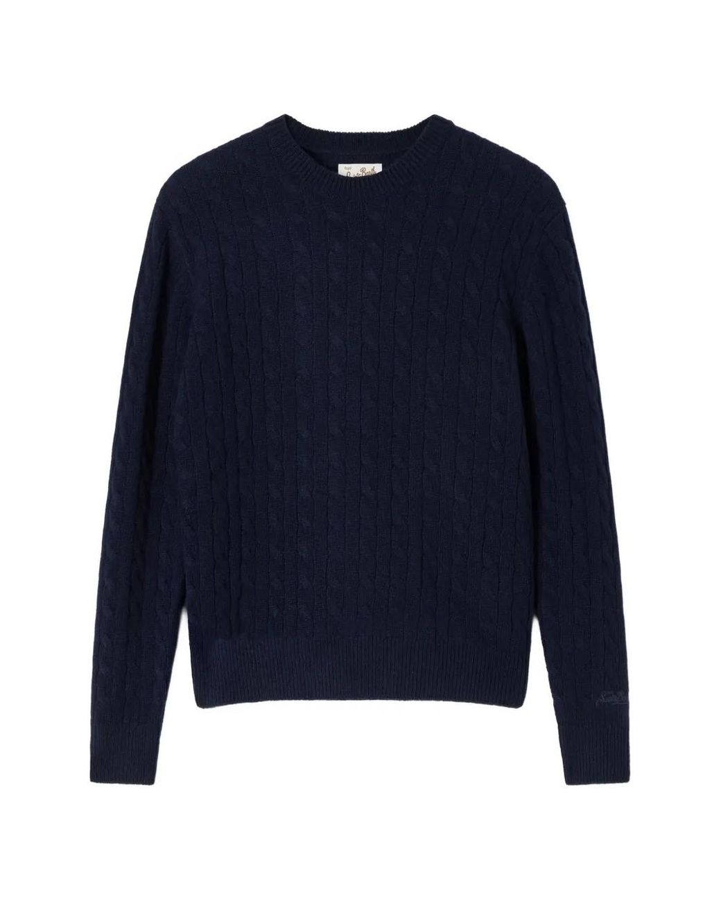 Mc2 Saint Barth Blue Night Sorbonne Wool Crewneck Knit With Cable Stitch