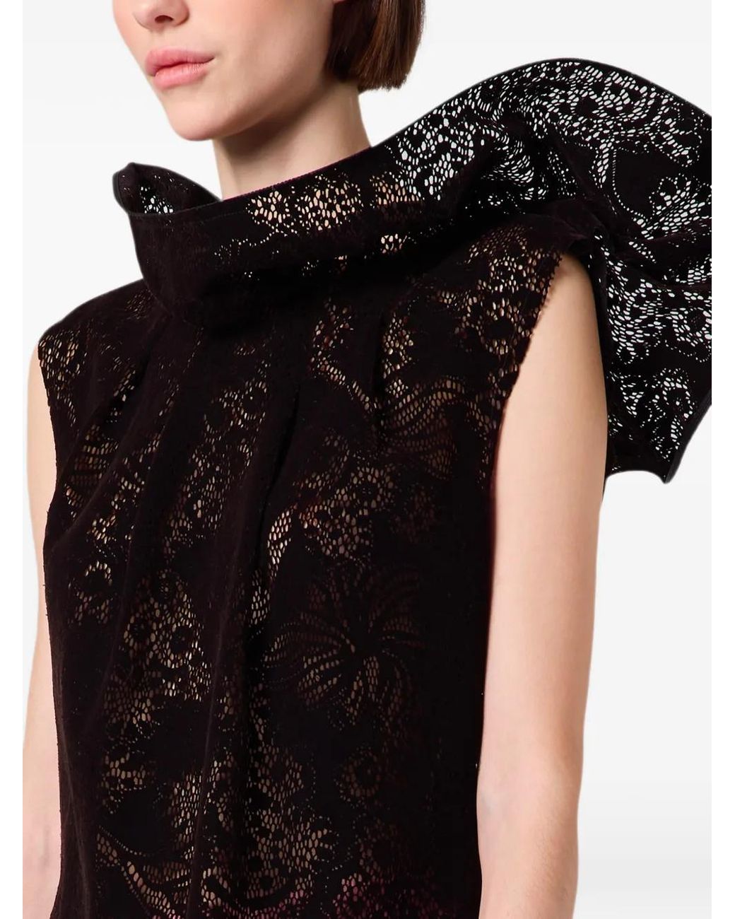 MSGM Black Ruffled Lace-Patterned Top