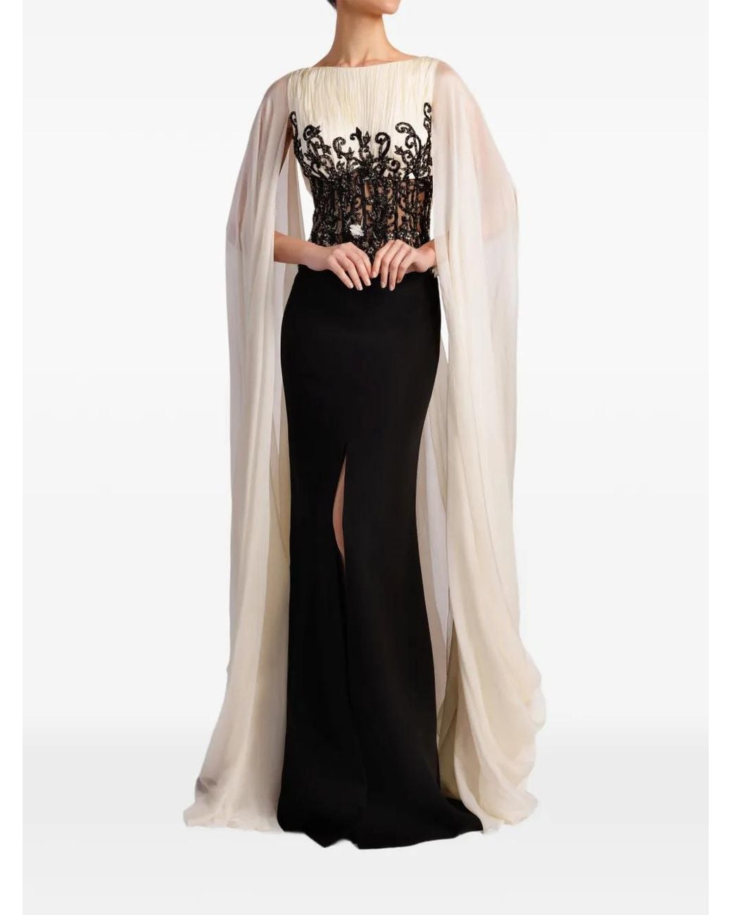 Gatti Nolli by Marwan Black Embroidered Cape-Sleeve Gown