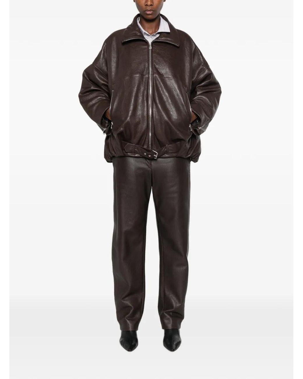 Emmeci Brown Belted Oversized Leather Jacket