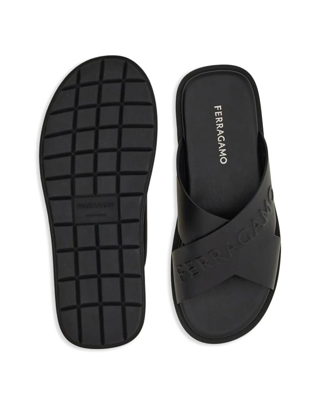 Ferragamo Black Logo Crossover Leather Slides for men