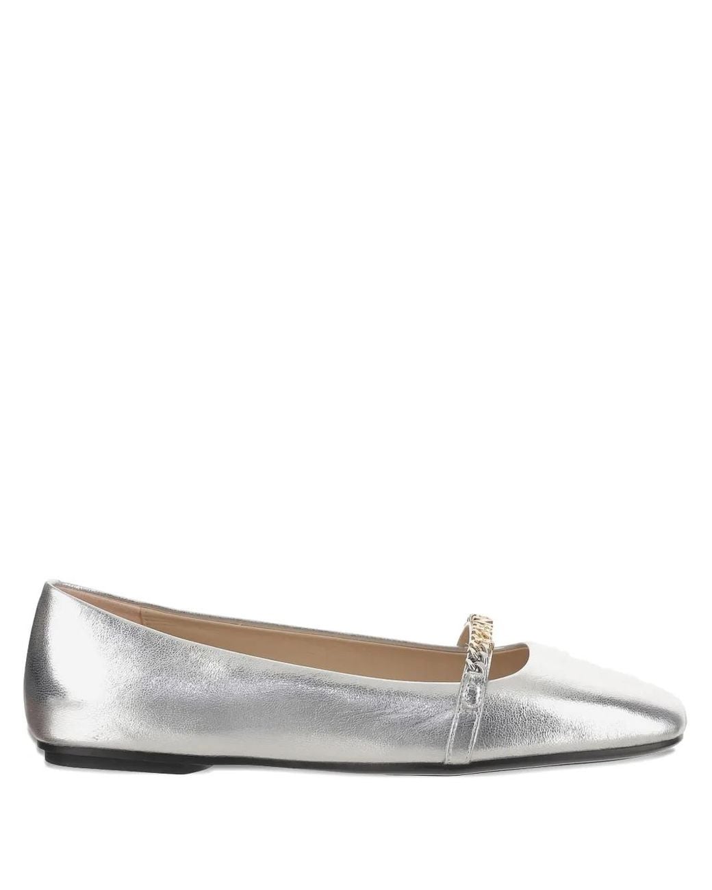 Pinko White Pointed Toe Flats With Metallic Finish And Chain Detail
